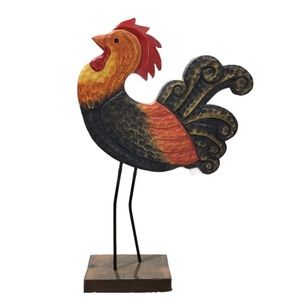 Colorful Wooden Rooster With Metal Legs Home Decor